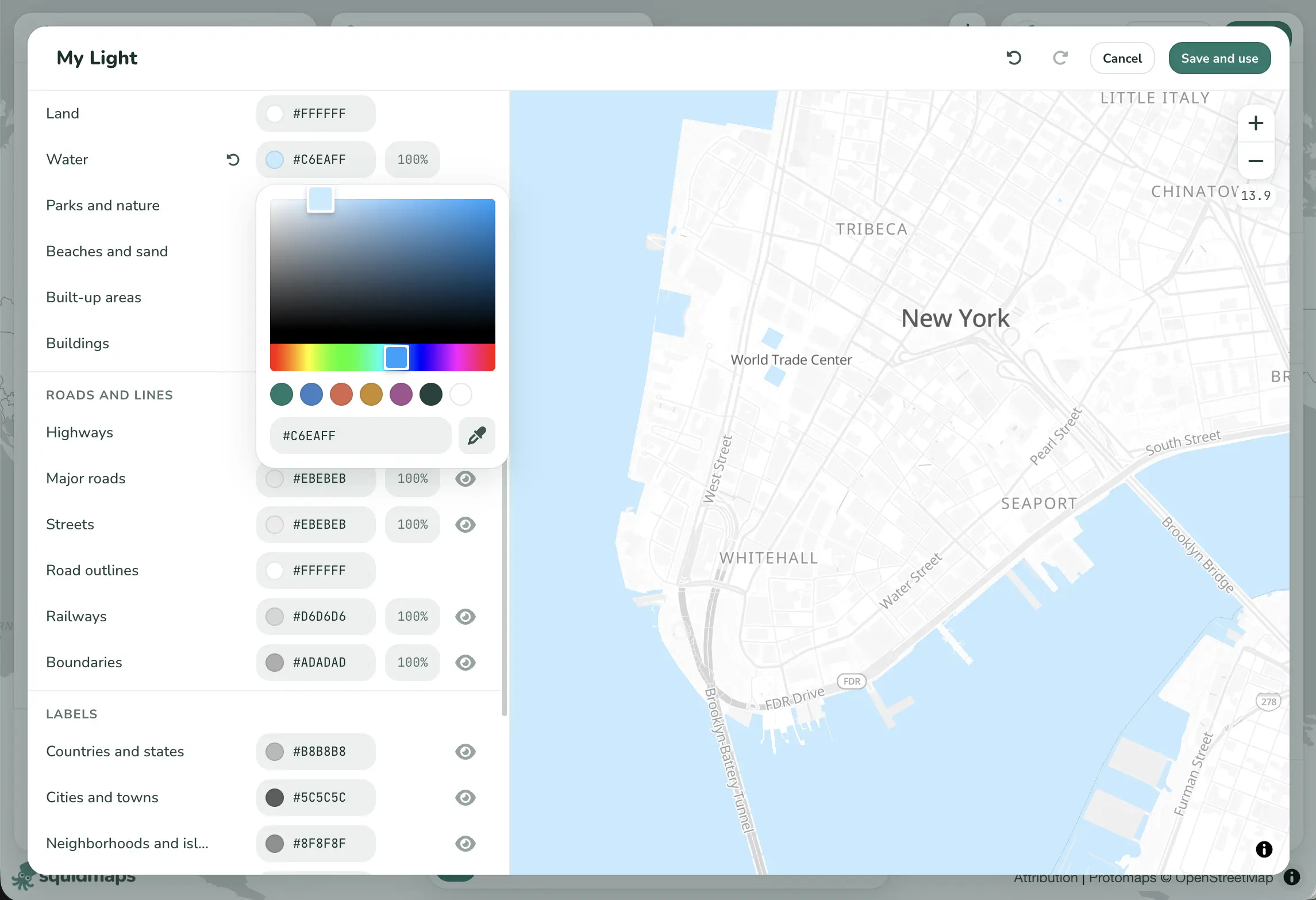 The custom basemap editor, with controls for the colors of land, water, roads and labels beside a live preview of Lower Manhattan, and a color picker open on Water.
