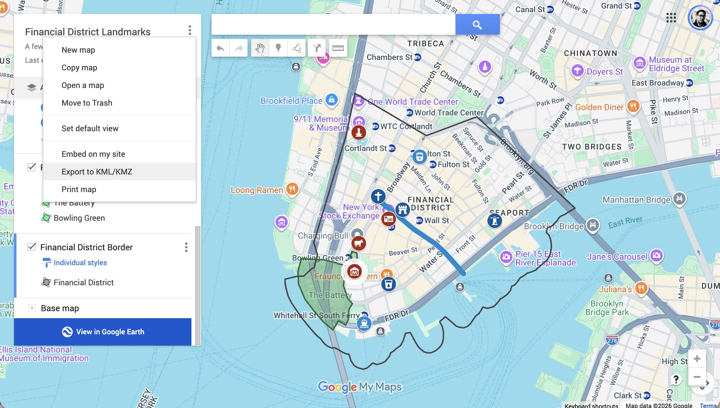 The Financial District Landmarks map in the Google My Maps editor, with the three-dot menu beside its title open and Export to KML/KMZ highlighted.