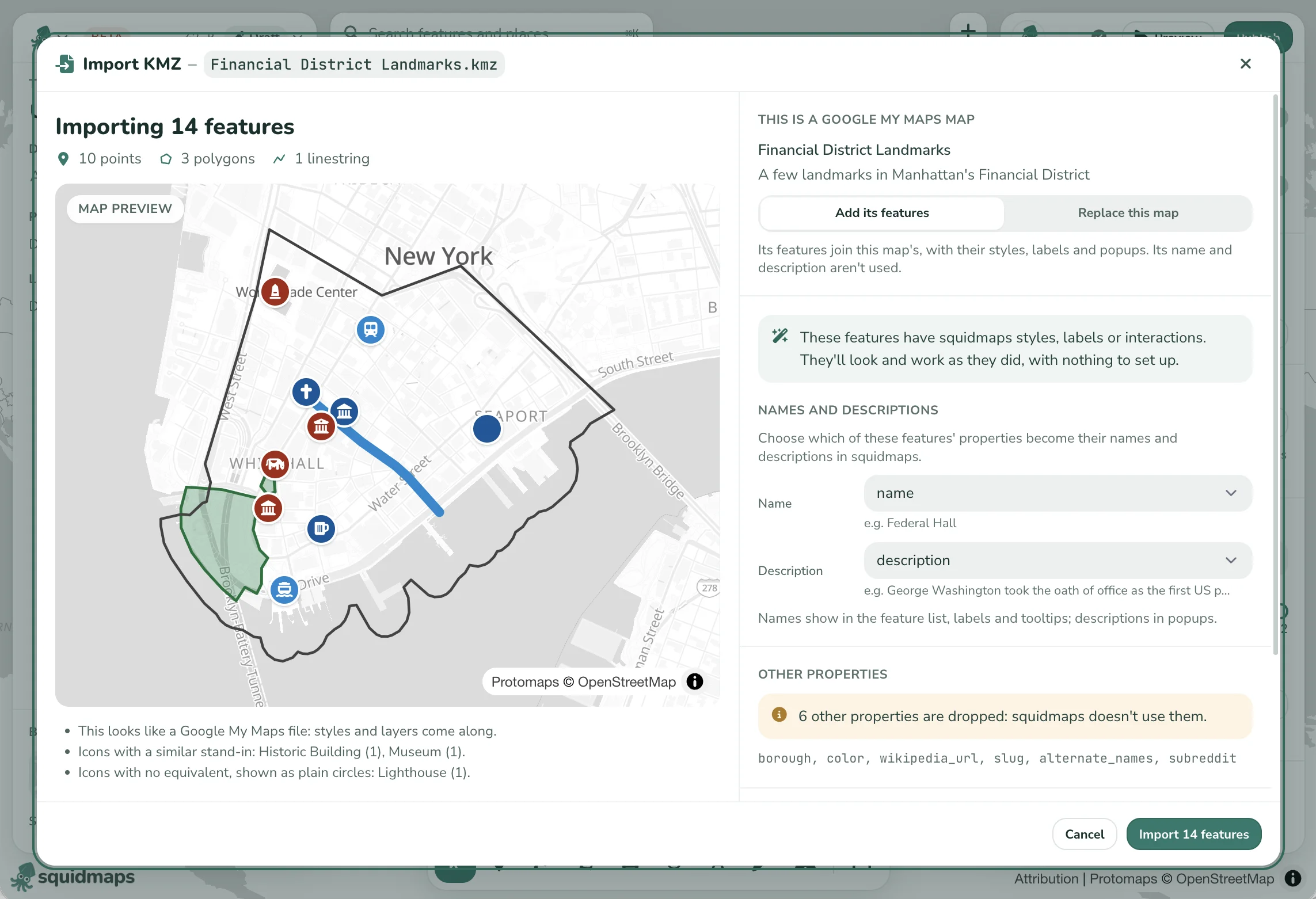 The Import KMZ dialog for Financial District Landmarks: a styled preview of 14 features, notes on how icons were matched, and a choice to add its features or replace the map.