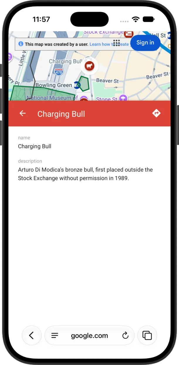 Google My Maps on a phone with the Charging Bull open: a small map at the top under a banner and a Sign in button, a red header, and fields labeled name and description.