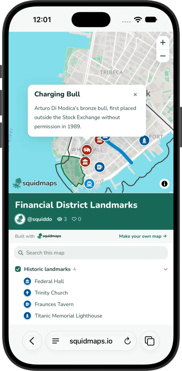 The same map in squidmaps on a phone with the Charging Bull open: a popup with its name and description on the map, above the title, a search box and a list of features in a folder.