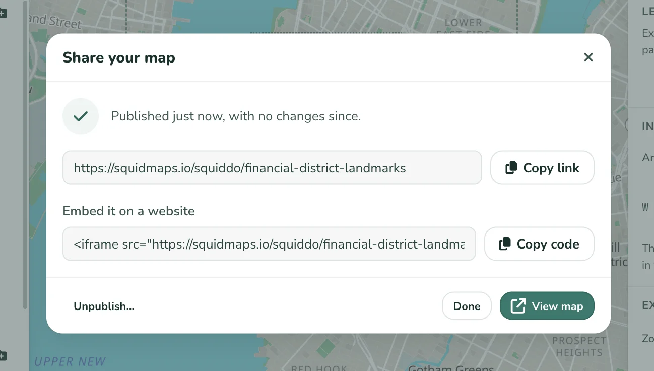 The Share your map dialog, with the map's link and a Copy link button, and its embed code under Embed it on a website with a Copy code button.